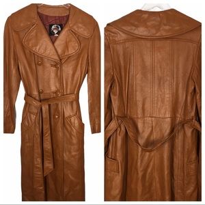 VTG 70’s Cognac Camel Long Leather Trench 12 M/L